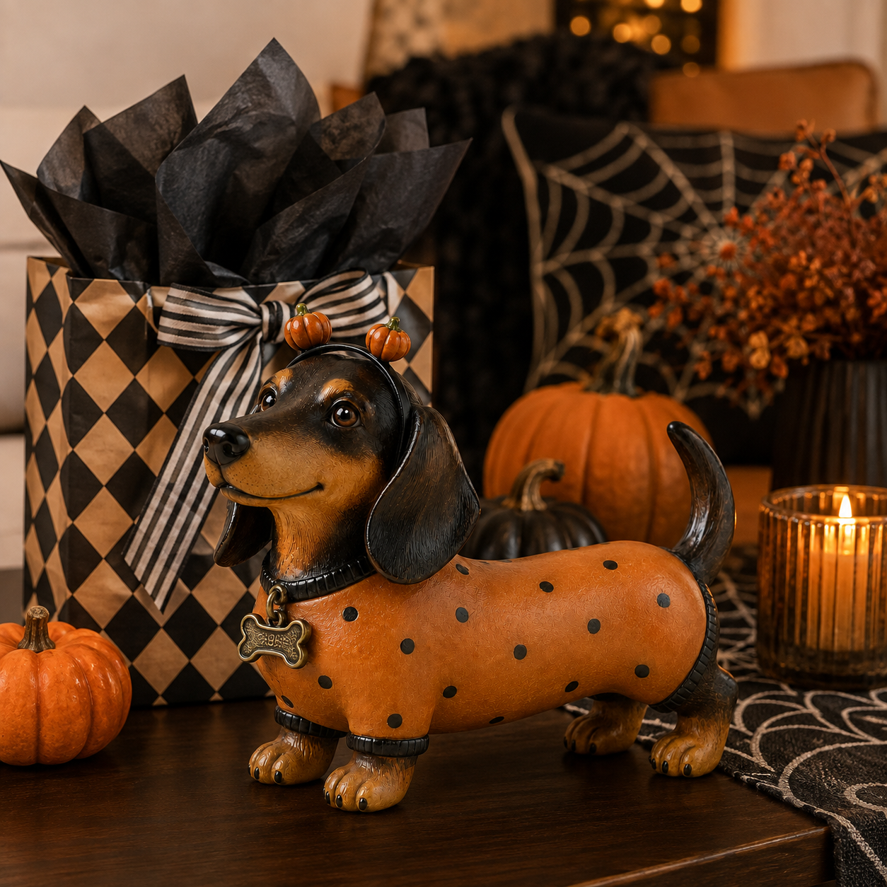 🎃 Halloween Pumpkin Dachshund Resin Figurine — Charming Seasonal Dog Decor