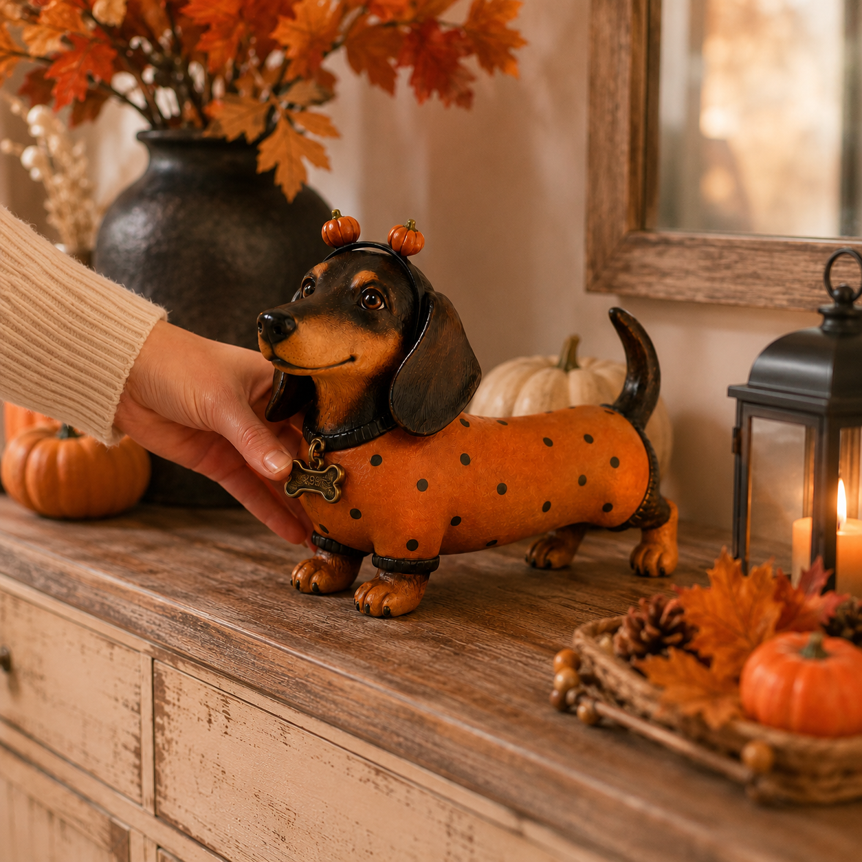 🎃 Halloween Pumpkin Dachshund Resin Figurine — Charming Seasonal Dog Decor