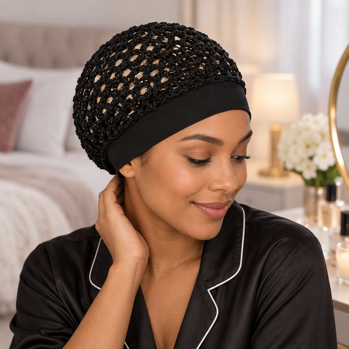 🧶 Wide-Band Crochet Hair Net | 💨 Breathable Stretch Sleep & Beauty Hair Cap
