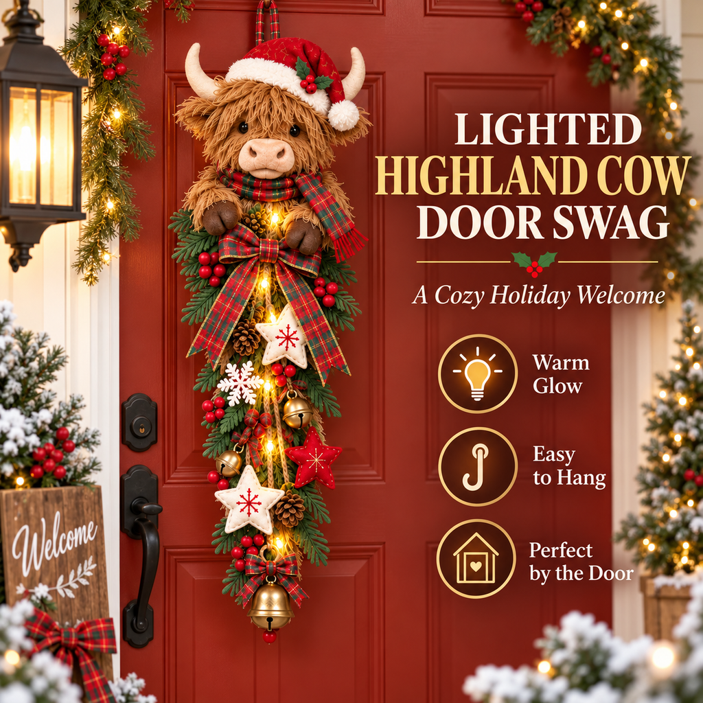 Lighted Highland Cow Christmas door swag