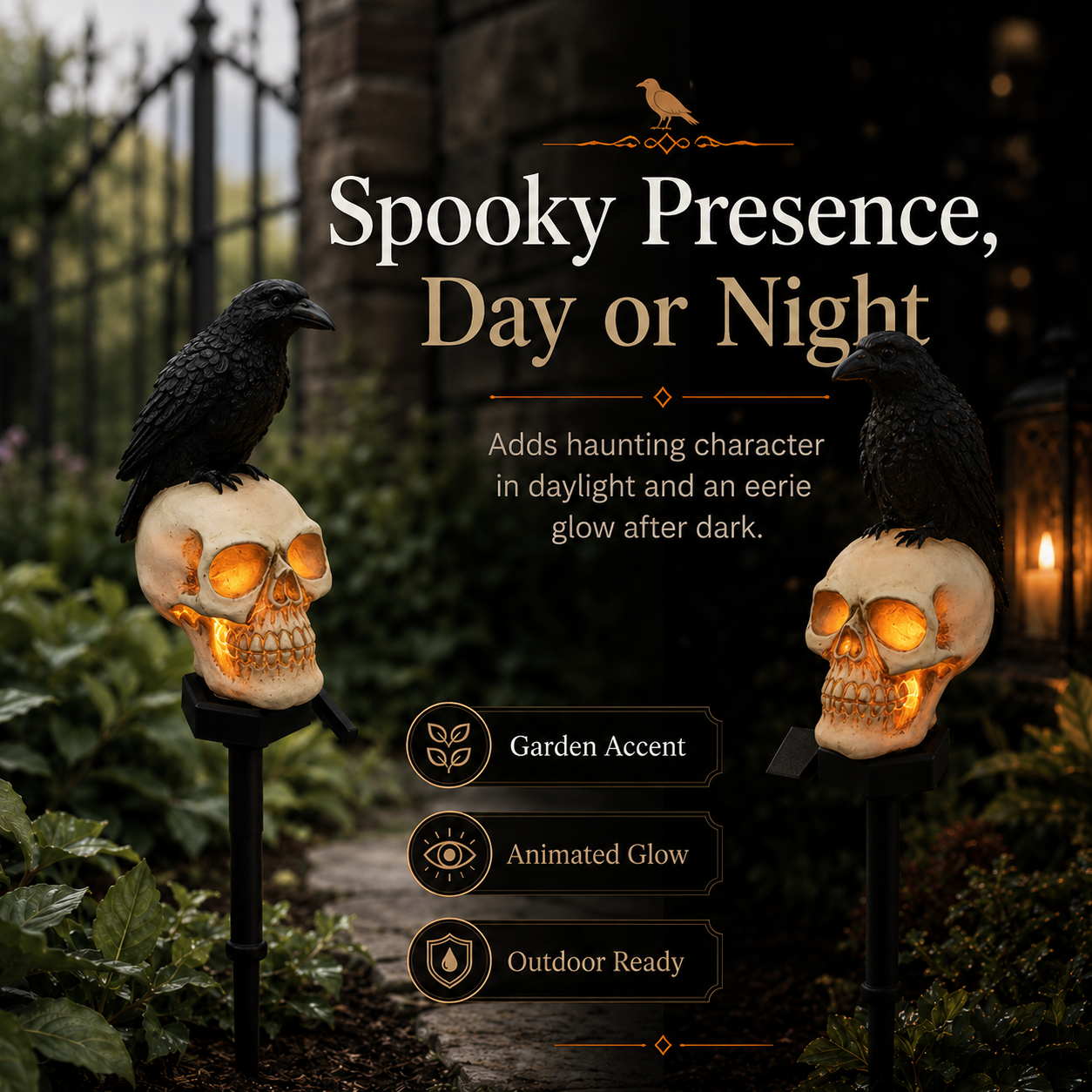 🐦‍⬛Solar-powered animated raven skull garden stake💀 | Halloween garden decoration for outdoors