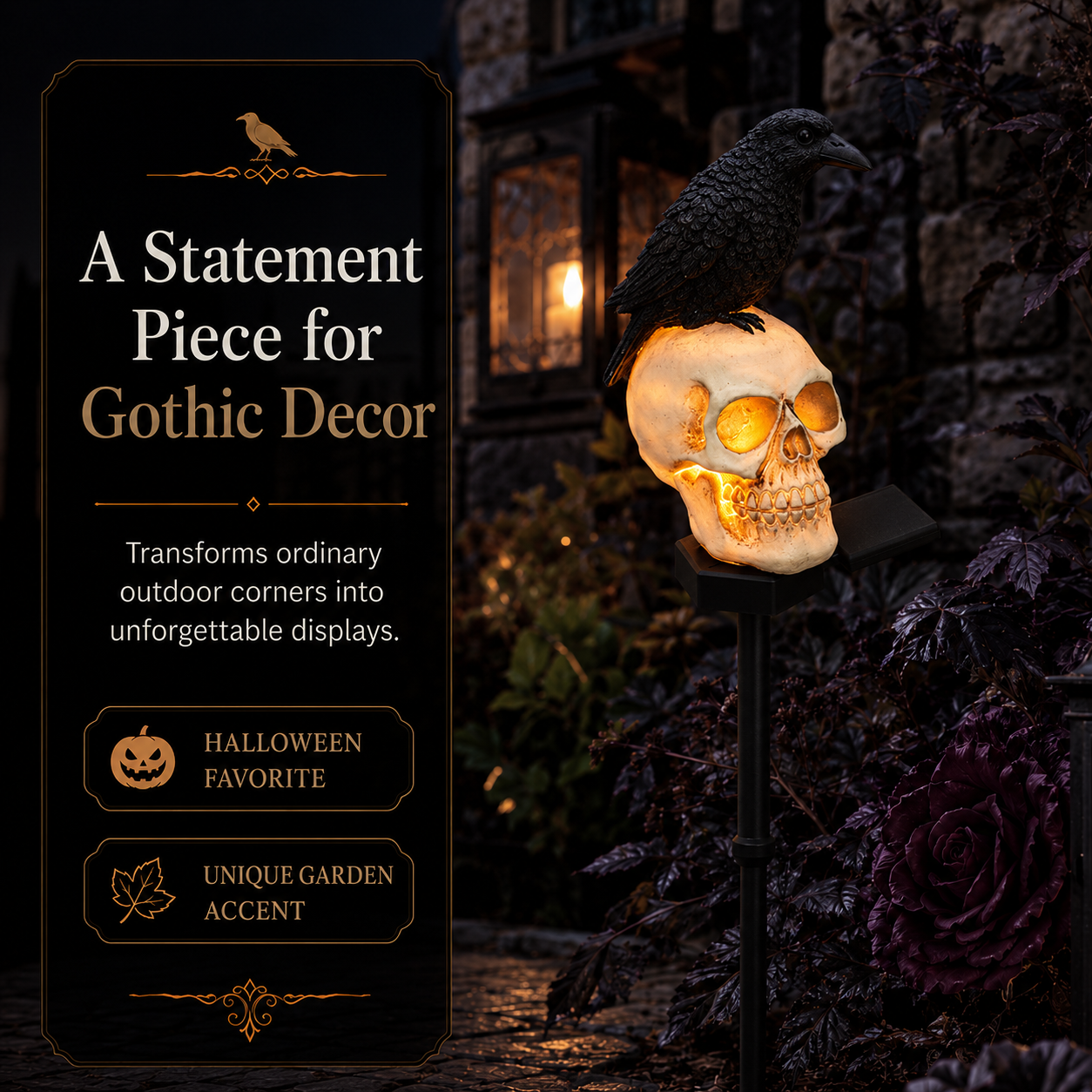 🐦‍⬛Solar-powered animated raven skull garden stake💀 | Halloween garden decoration for outdoors