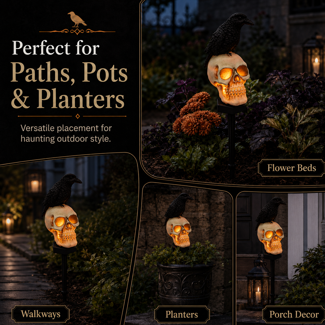 🐦‍⬛Solar-powered animated raven skull garden stake💀 | Halloween garden decoration for outdoors