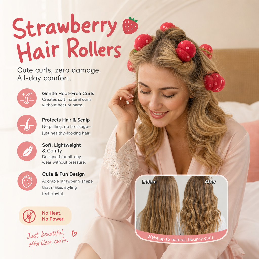 🍓 Sleep your way to perfect bouncy curls: The heatless strawberry rollers that save your hair and your mornings! ✨