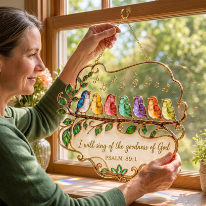 🎵 Psalm 89:1 Songbird Window Suncatcher | Stained-Glass Style Faith Decor with Colorful Birds &amp; Scripture 🕊️✨