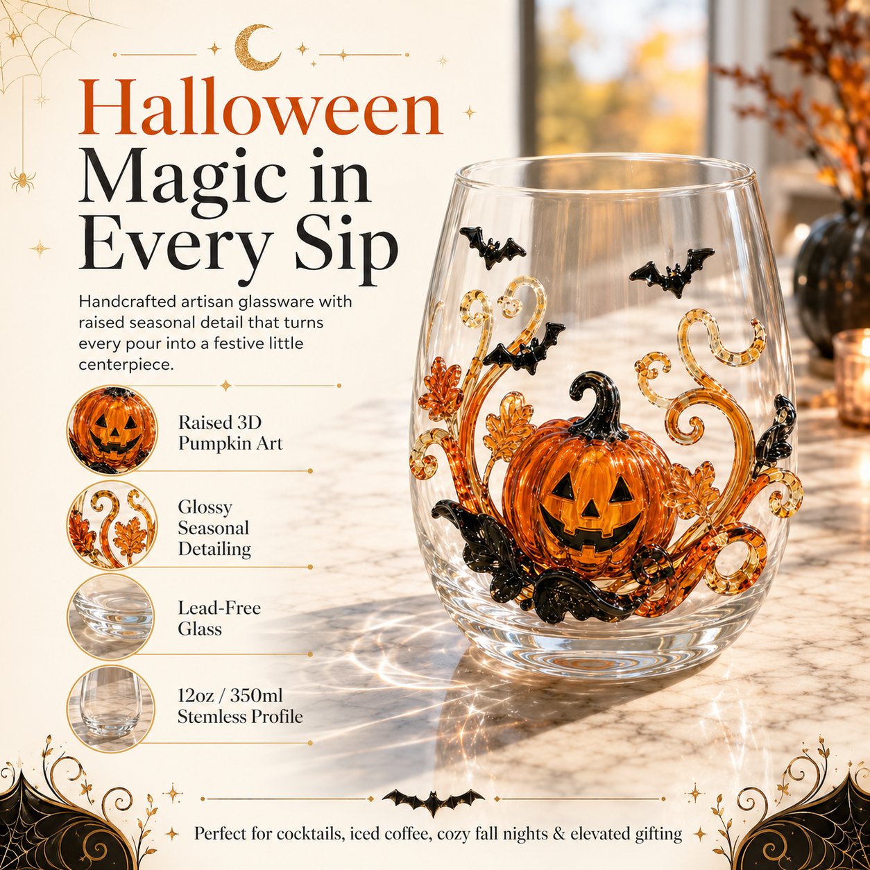 🎃 3D Halloween Artisan Glassware Collection | For Magical Halloween Sips, Eye-Catching 3D Details, Luminous Festive Party Moments & Cozy Fall Home Bar Glow ✨