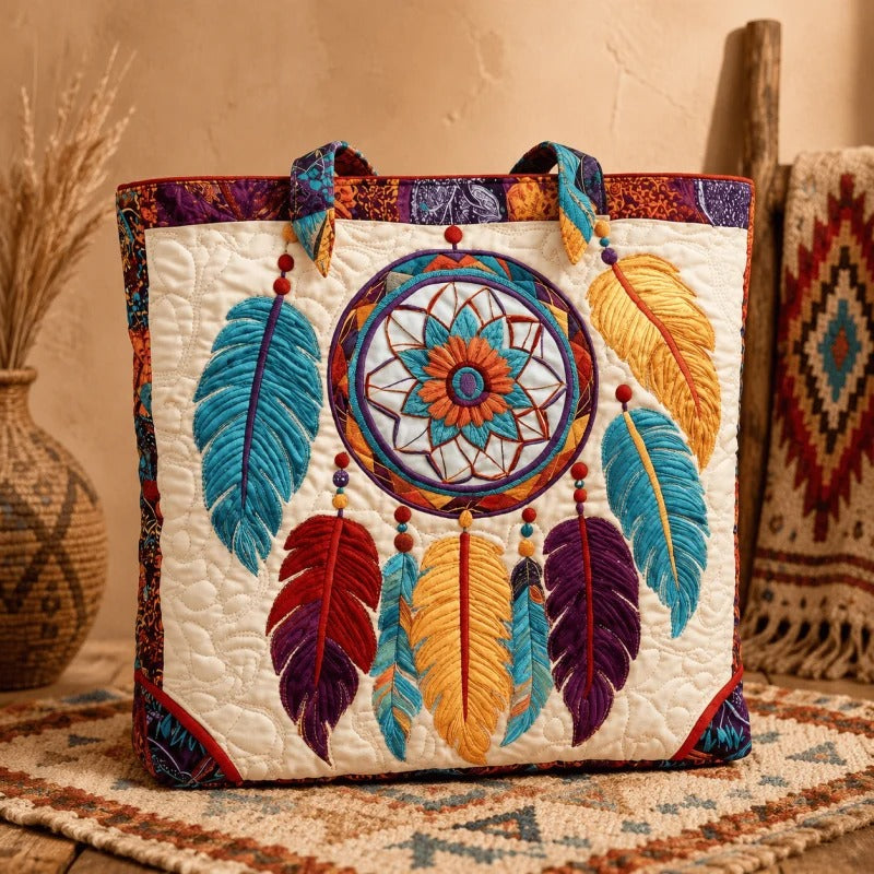 ✨Handmade Quilted Tote Bag — 🎨 Sacred White Buffalo Boho Design, Padded Lined Large Carryall