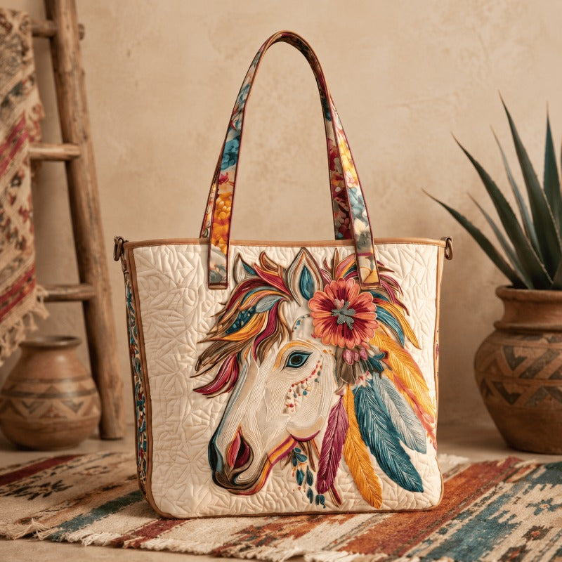 ✨Handmade Quilted Tote Bag — 🎨 Sacred White Buffalo Boho Design, Padded Lined Large Carryall