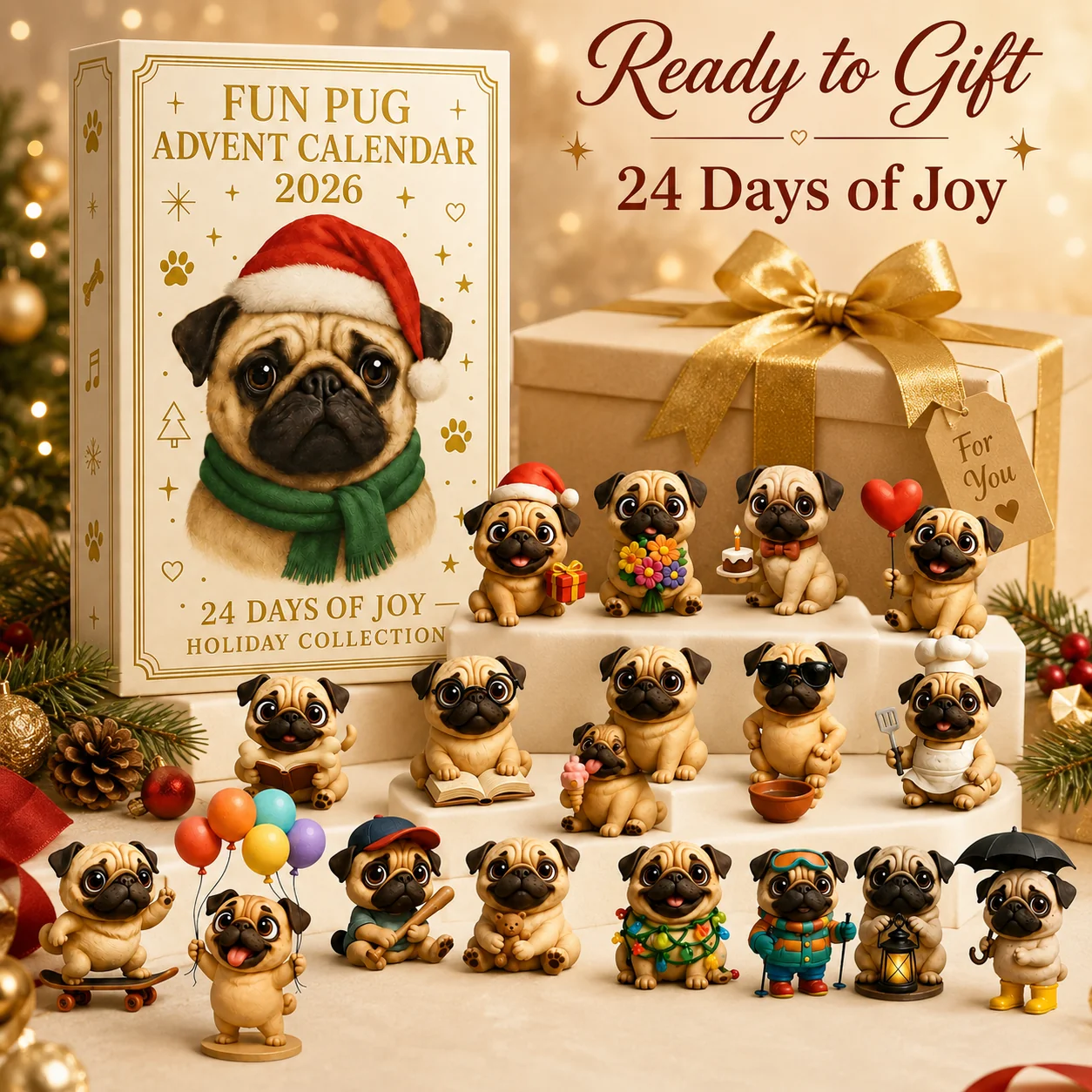 🐶24-Day Pug Advent Calendar 2026 – 24 Cute Pug Figurines Christmas Countdown